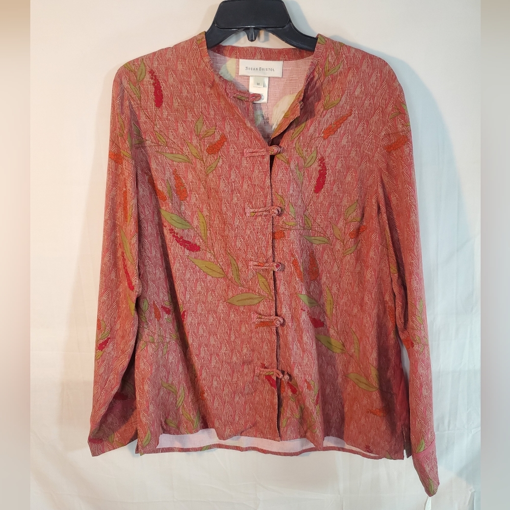 Susan Bristol Medium Long Sleeve Beaded Button Up Silk Top Blouse Shirt New